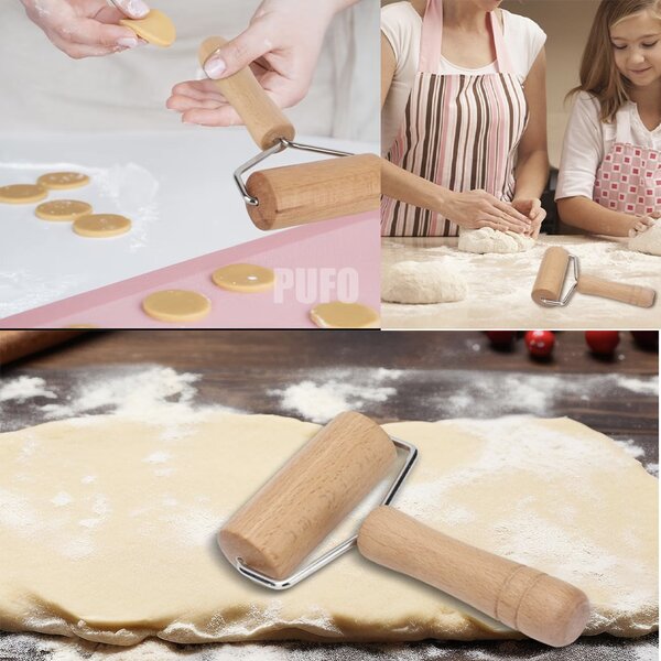 Sucitor practic Pufo Paste din lemn tip rola cu maner pentru intins aluat, pizza sau gogosi