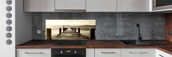 Panou sticlă decorativa bucătărie debarcader din lemn