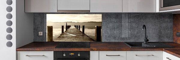 Panou sticlă decorativa bucătărie debarcader din lemn