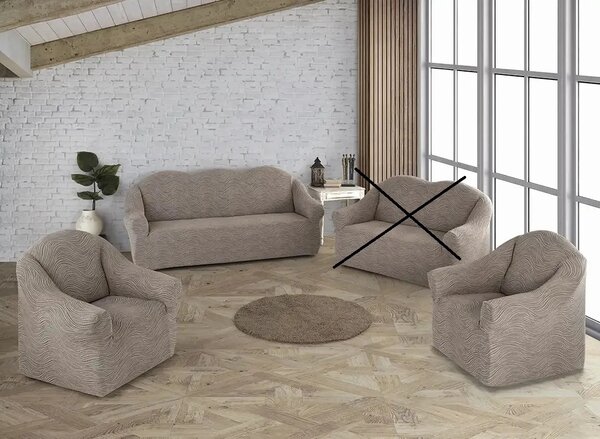 Set huse elastice pentru canapea 3 Locuri si 2 fotolii, fara volanas, model Jacquard Cappuccino in dungi