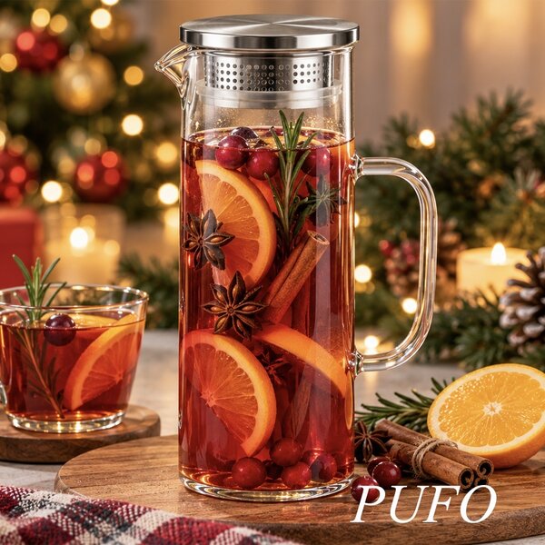Carafa eleganta din sticla cu maner Pufo Ellegance, capac metalic, pentru apa, limonada, suc natural, ceai rece, bauturi, servire si prezentare la masa, 1.2 L