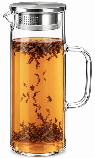 Carafa eleganta din sticla cu maner Pufo Ellegance, capac metalic, pentru apa, limonada, suc natural, ceai rece, bauturi, servire si prezentare la masa, 1.2 L