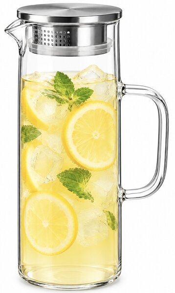 Carafa eleganta din sticla cu maner Pufo Ellegance, capac metalic, pentru apa, limonada, suc natural, ceai rece, bauturi, servire si prezentare la masa, 1.2 L