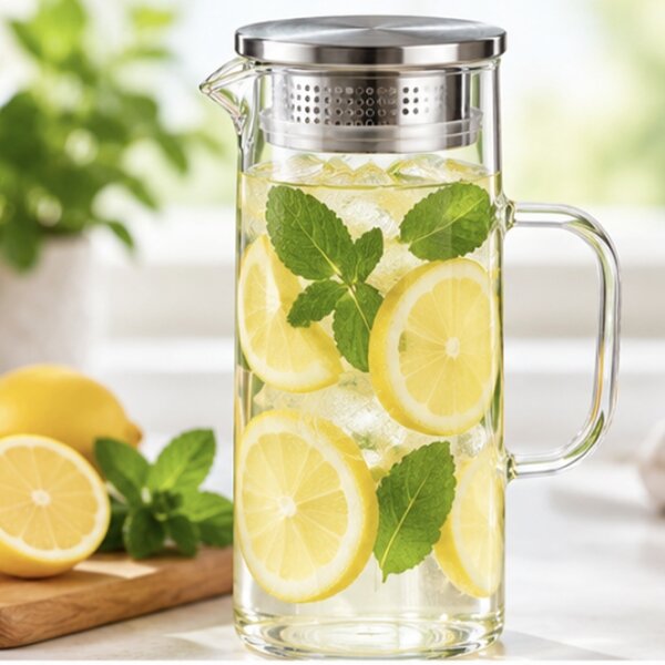 Carafa eleganta din sticla cu maner Pufo Ellegance, capac metalic, pentru apa, limonada, suc natural, ceai rece, bauturi, servire si prezentare la masa, 1.2 L