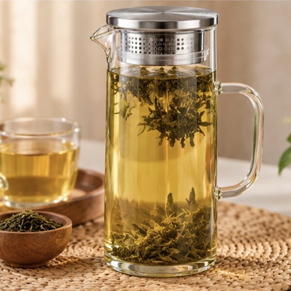 Carafa eleganta din sticla cu maner Pufo Ellegance, capac metalic, pentru apa, limonada, suc natural, ceai rece, bauturi, servire si prezentare la masa, 1.2 L