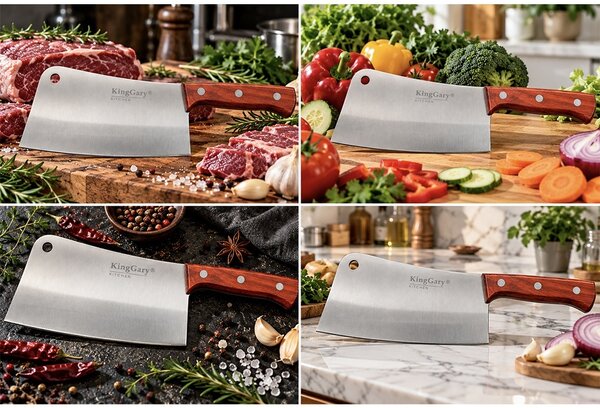 Satar de bucatarie cu lama lata si maner ergonomic din lemn – cutit tip topor pentru taiat, tocat si portionat carne, legume si alimente, 36 cm