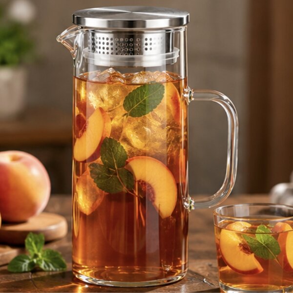 Carafa eleganta din sticla cu maner Pufo Ellegance, capac metalic, pentru apa, limonada, suc natural, ceai rece, bauturi, servire si prezentare la masa, 1.2 L