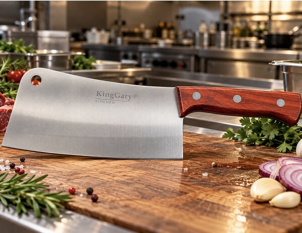 Satar de bucatarie cu lama lata si maner ergonomic din lemn – cutit tip topor pentru taiat, tocat si portionat carne, legume si alimente, 36 cm