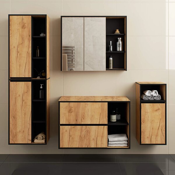 Dulap de baie Vambos W90UM 2SZ 2P (stejar artizanal + negru). Promo -19%. 1152125