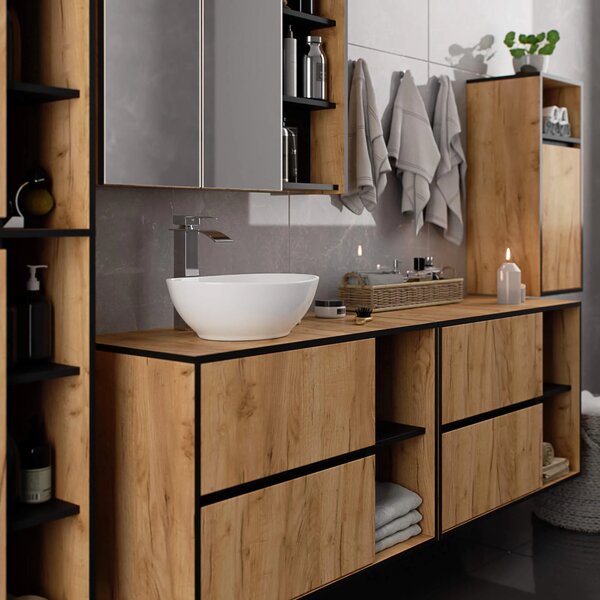 Dulap de baie Vambos W90UM 2SZ 2P (stejar artizanal + negru). Promo -19%. 1152125