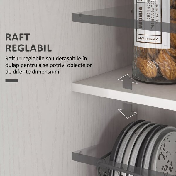HOMCOM Dulap Cămară de Bucătărie Înalt, cu 2 Uși și Rafturi Reglabile, pentru Dining și Living, 80x43x160 cm, Alb cu Efect de Lemn | Aosom Romania