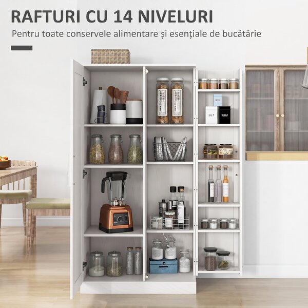 HOMCOM Dulap Cămară de Bucătărie Înalt, cu 2 Uși și Rafturi Reglabile, pentru Dining și Living, 80x43x160 cm, Alb cu Efect de Lemn | Aosom Romania