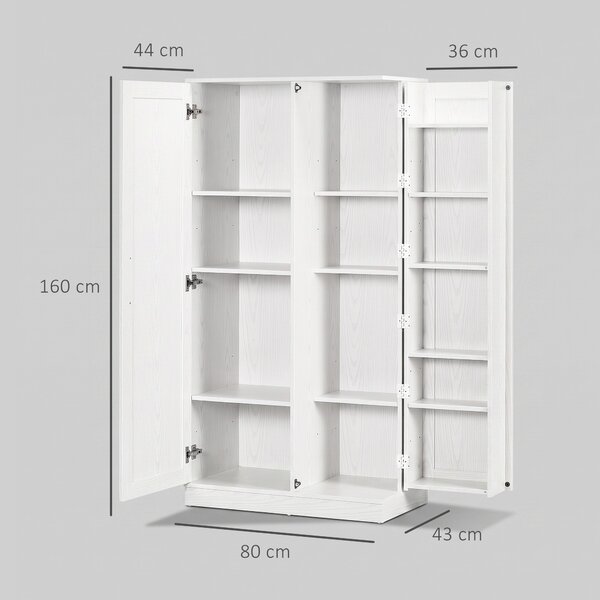 HOMCOM Dulap Cămară de Bucătărie Înalt, cu 2 Uși și Rafturi Reglabile, pentru Dining și Living, 80x43x160 cm, Alb cu Efect de Lemn | Aosom Romania