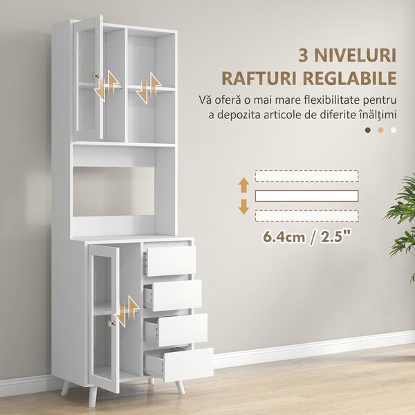 HOMCOM Servantă Înaltă de Bucătărie cu Uși din Sticlă, 2 Rafturi Deschise, 4 Sertare, Rafturi Reglabile, 60x35x180 cm, Alb | Aosom Romania