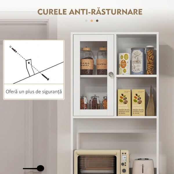 HOMCOM Servantă Înaltă de Bucătărie cu Uși din Sticlă, 2 Rafturi Deschise, 4 Sertare, Rafturi Reglabile, 60x35x180 cm, Alb | Aosom Romania