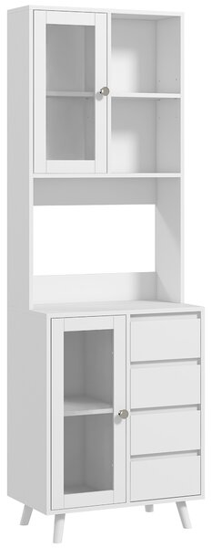 HOMCOM Servantă Înaltă de Bucătărie cu Uși din Sticlă, 2 Rafturi Deschise, 4 Sertare, Rafturi Reglabile, 60x35x180 cm, Alb | Aosom Romania