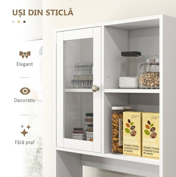 HOMCOM Servantă Înaltă de Bucătărie cu Uși din Sticlă, 2 Rafturi Deschise, 4 Sertare, Rafturi Reglabile, 60x35x180 cm, Alb | Aosom Romania