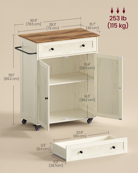 Insula de bucatarie Siren, Alb rustic, 78.5x40x89.2 cm