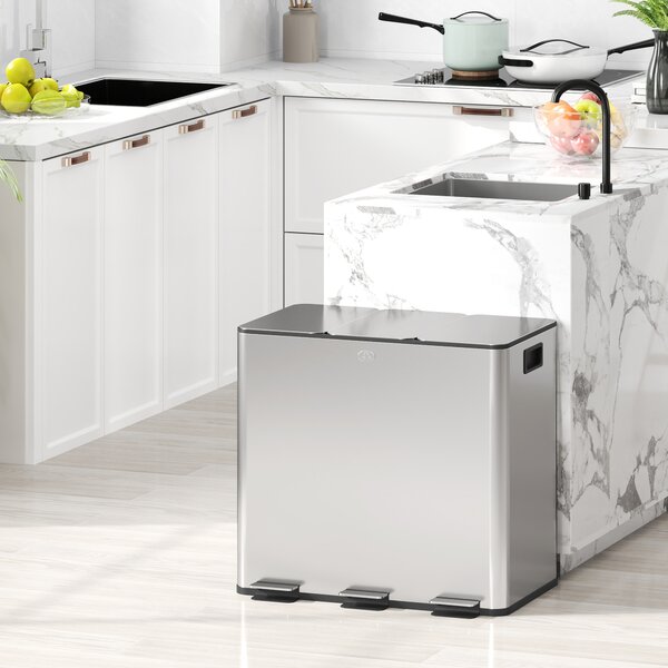 HOMCOM Pubelă de reciclare 45L cu 3 compartimente și închidere silențioasă, din oțel inoxidabil și PP, 61.9x36.6x43.2 cm, argintiu | Aosom Romania