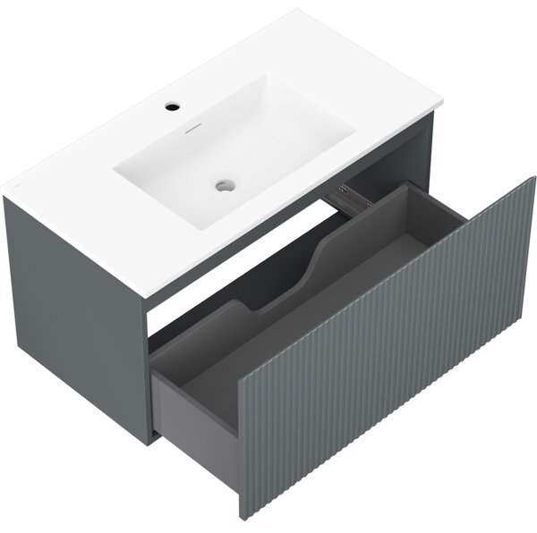 Mexen Rivel, mobilier baie 90 cm cu lavoar Otis, 1 sertar, canelat, grafit mat/alb mat, 91A20-09047-1-BF66-W18M01
