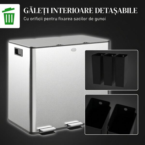 HOMCOM Pubelă de reciclare 45L cu 3 compartimente și închidere silențioasă, din oțel inoxidabil și PP, 61.9x36.6x43.2 cm, argintiu | Aosom Romania