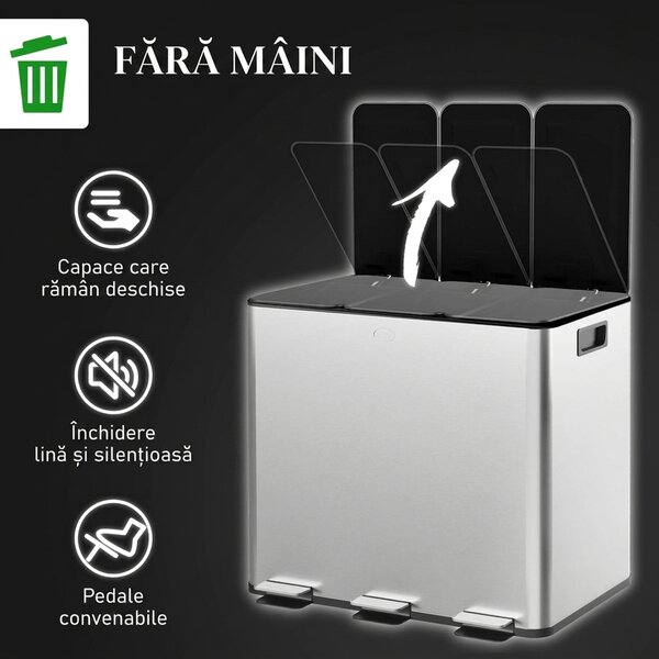 HOMCOM Pubelă de reciclare 45L cu 3 compartimente și închidere silențioasă, din oțel inoxidabil și PP, 61.9x36.6x43.2 cm, argintiu | Aosom Romania