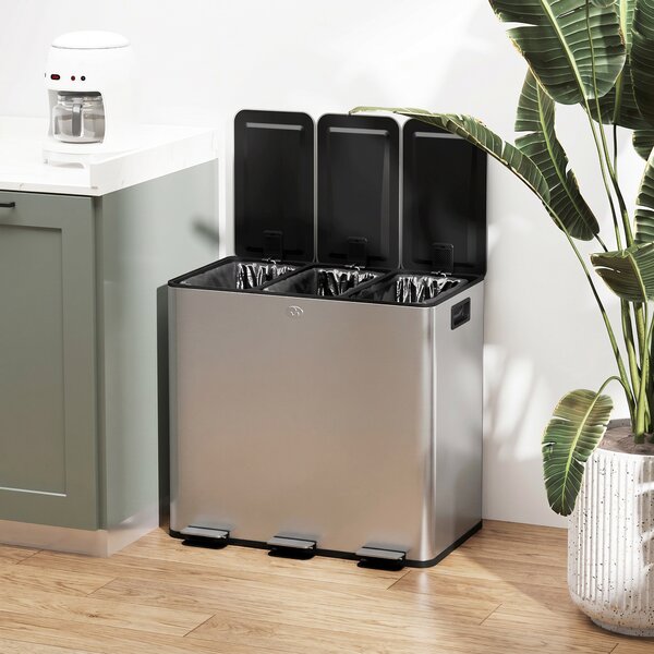 HOMCOM Pubelă de reciclare 45L cu 3 compartimente și închidere silențioasă, din oțel inoxidabil și PP, 61.9x36.6x43.2 cm, argintiu | Aosom Romania