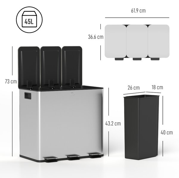 HOMCOM Pubelă de reciclare 45L cu 3 compartimente și închidere silențioasă, din oțel inoxidabil și PP, 61.9x36.6x43.2 cm, argintiu | Aosom Romania