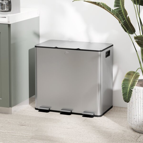 HOMCOM Pubelă de reciclare 45L cu 3 compartimente și închidere silențioasă, din oțel inoxidabil și PP, 61.9x36.6x43.2 cm, argintiu | Aosom Romania