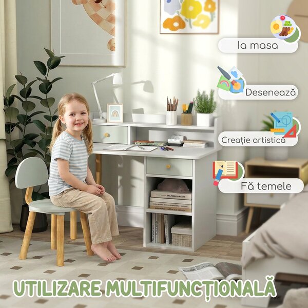 AIYAPLAY Set birou și scaun pentru copii cu 2 sertare și rafturi, din lemn, pentru cameră copii, birou, grădiniță, verde | Aosom Romania
