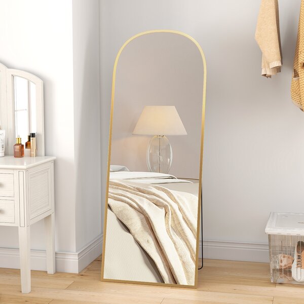 HOMCOM Oglindă Modernă de Podea și Perete din Aliaj de Aluminiu cu Suport Pliabil, 59 x 161,5 cm, Auriu | Aosom Romania
