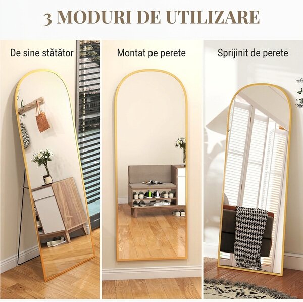 HOMCOM Oglindă Modernă de Podea și Perete din Aliaj de Aluminiu cu Suport Pliabil, 59 x 161,5 cm, Auriu | Aosom Romania