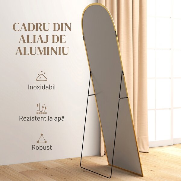 HOMCOM Oglindă Modernă de Podea și Perete din Aliaj de Aluminiu cu Suport Pliabil, 59 x 161,5 cm, Auriu | Aosom Romania