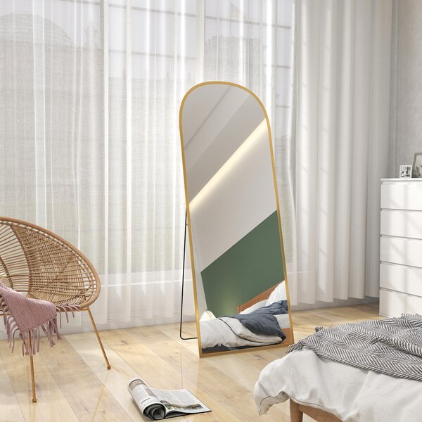HOMCOM Oglindă Modernă de Podea și Perete din Aliaj de Aluminiu cu Suport Pliabil, 59 x 161,5 cm, Auriu | Aosom Romania