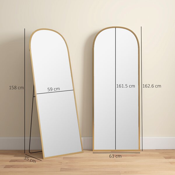 HOMCOM Oglindă Modernă de Podea și Perete din Aliaj de Aluminiu cu Suport Pliabil, 59 x 161,5 cm, Auriu | Aosom Romania