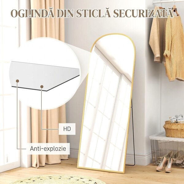 HOMCOM Oglindă Modernă de Podea și Perete din Aliaj de Aluminiu cu Suport Pliabil, 59 x 161,5 cm, Auriu | Aosom Romania