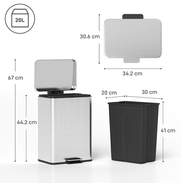 HOMCOM Coș de gunoi dreptunghiular cu pedală 20 L din metal, cu găleată interioară detașabilă și închidere lentă, argintiu | Aosom Romania