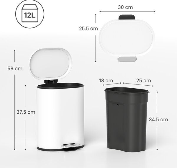 HOMCOM Coș de gunoi dreptunghiular cu pedală 12L din metal, cu găleată interioară detașabilă, închidere lentă, alb | Aosom Romania