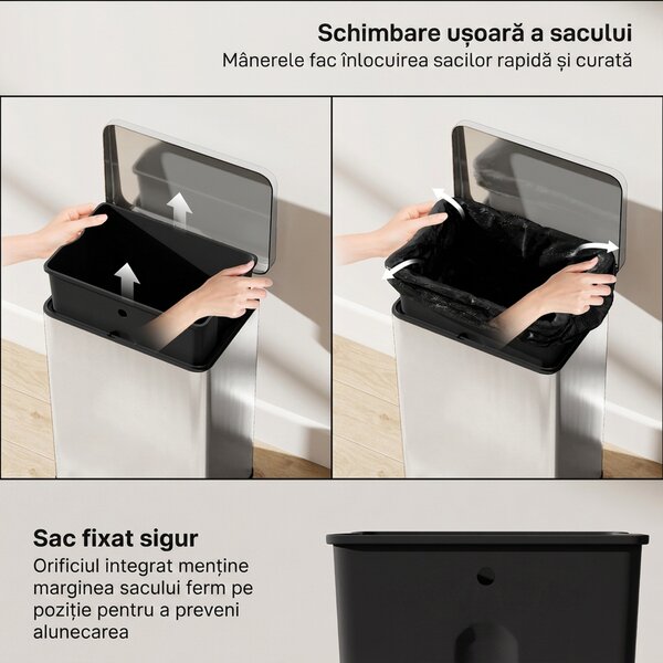HOMCOM Coș de gunoi dreptunghiular cu pedală 20 L din metal, cu găleată interioară detașabilă și închidere lentă, argintiu | Aosom Romania