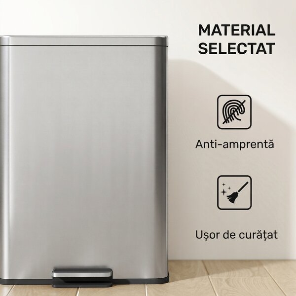 HOMCOM Coș de gunoi dreptunghiular cu pedală 20 L din metal, cu găleată interioară detașabilă și închidere lentă, argintiu | Aosom Romania