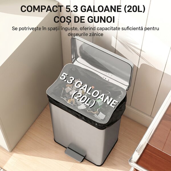 HOMCOM Coș de gunoi dreptunghiular cu pedală 20 L din metal, cu găleată interioară detașabilă și închidere lentă, argintiu | Aosom Romania