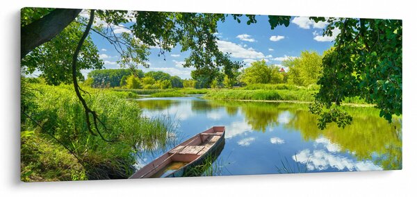 Tablou cu râu de vară și barcă (120x50 cm)