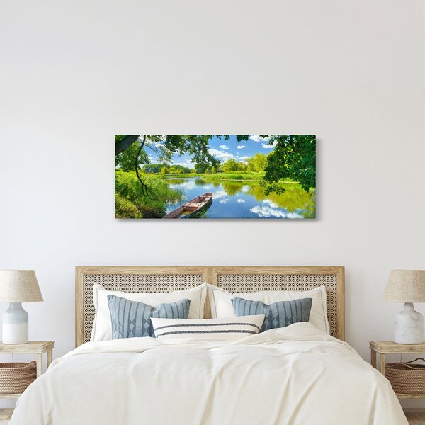 Tablou cu râu de vară și barcă (120x50 cm)