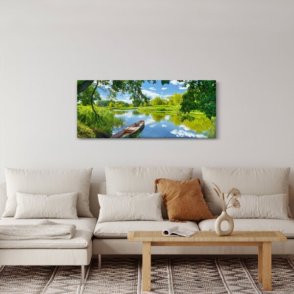 Tablou cu râu de vară și barcă (120x50 cm)