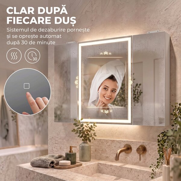 HOMCOM Dulap de baie cu oglindă, funcție de dezaburire, alb | Aosom Romania