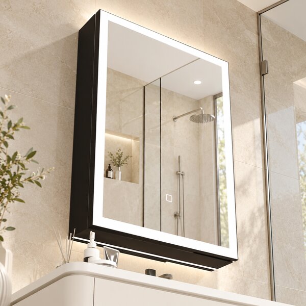 HOMCOM Dulap de Baie cu Oglindă și LED, 3 Culori, 50x70 cm, Soft-Close, Priză, Rafturi Reglabile, Negru | Aosom Romania