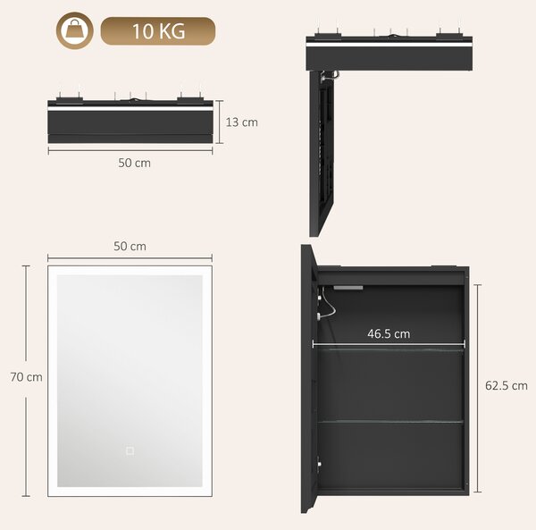 HOMCOM Dulap de Baie cu Oglindă și LED, 3 Culori, 50x70 cm, Soft-Close, Priză, Rafturi Reglabile, Negru | Aosom Romania