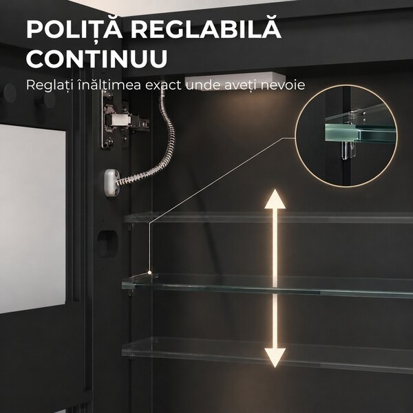 HOMCOM Dulap de Baie cu Oglindă și LED, 3 Culori, 50x70 cm, Soft-Close, Priză, Rafturi Reglabile, Negru | Aosom Romania