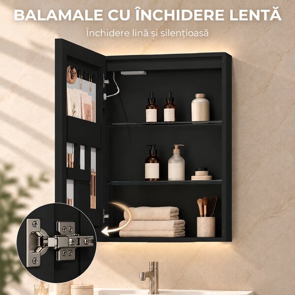 HOMCOM Dulap de Baie cu Oglindă și LED, 3 Culori, 50x70 cm, Soft-Close, Priză, Rafturi Reglabile, Negru | Aosom Romania
