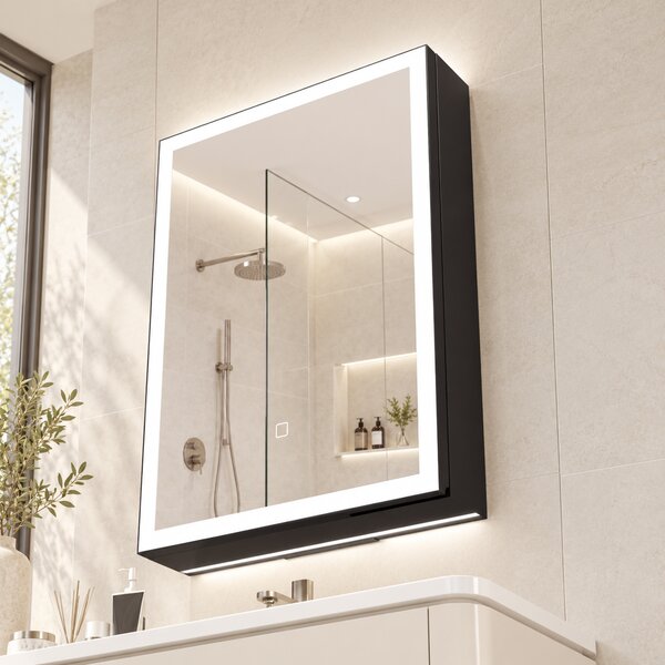 HOMCOM Dulap de Baie cu Oglindă și LED, 3 Culori, 50x70 cm, Soft-Close, Priză, Rafturi Reglabile, Negru | Aosom Romania